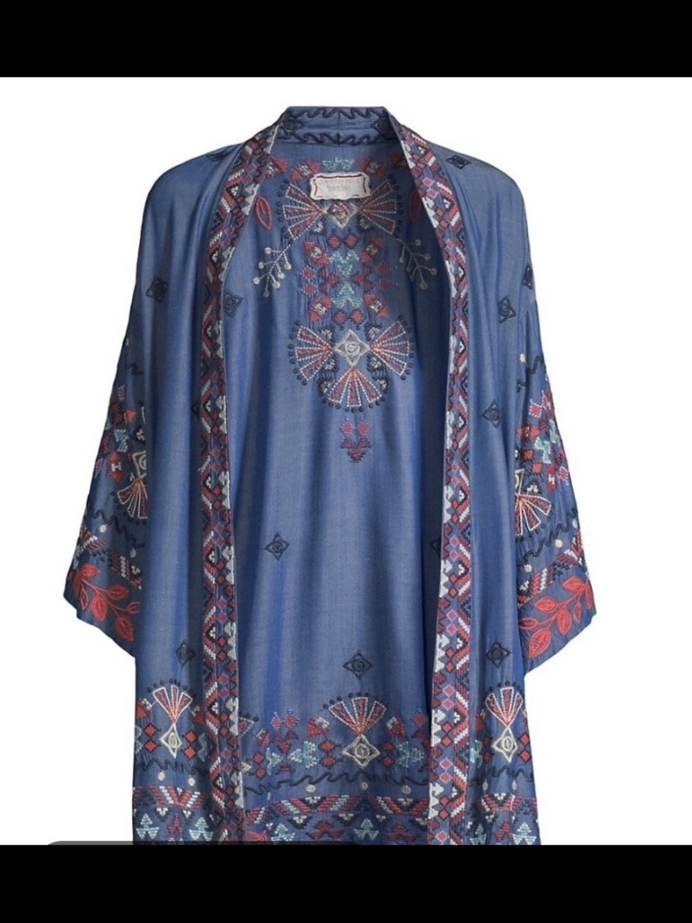 Johnny Was Blue Embroidered Open Kimono Coat with Red & Cream Accents